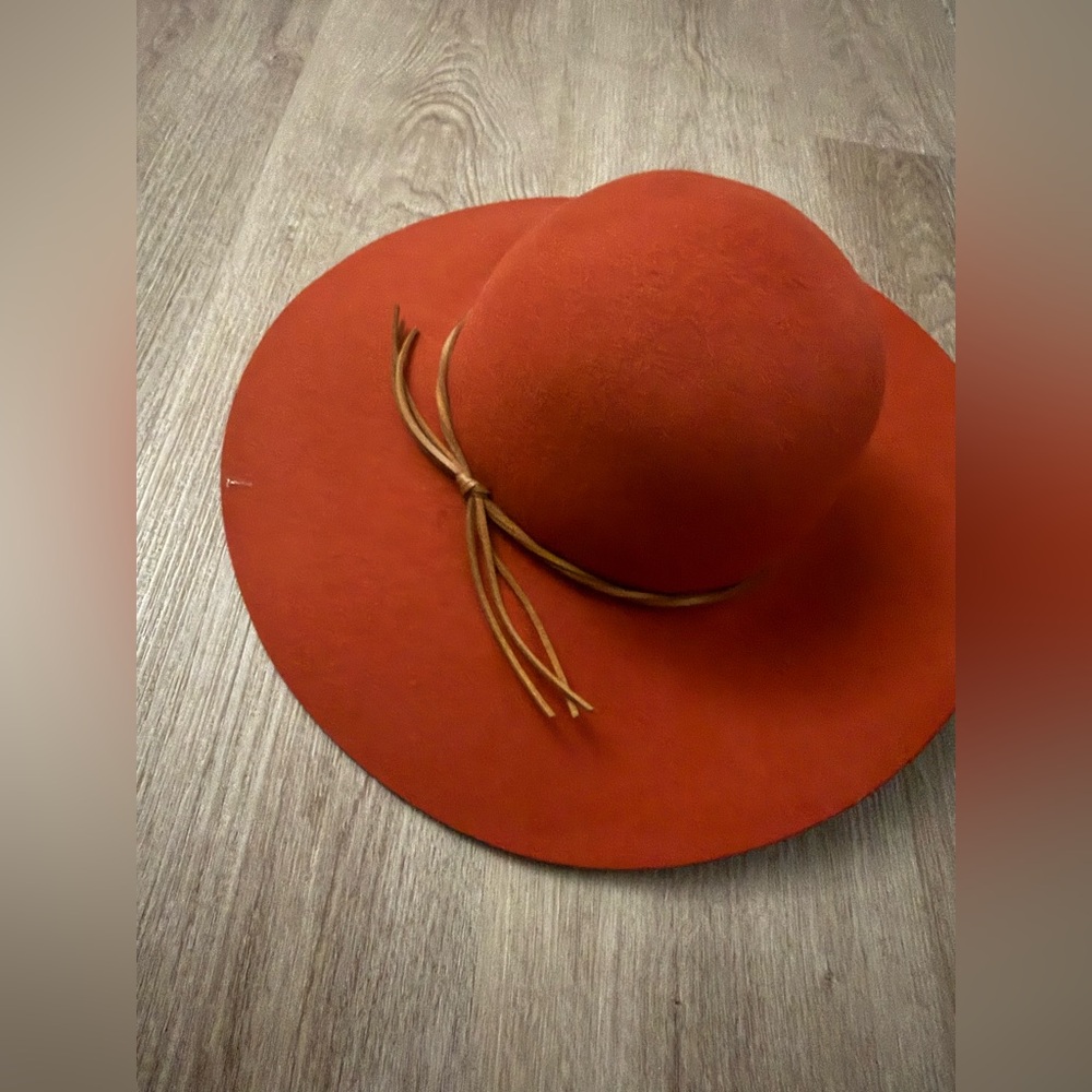 Wide Brim Felt Floppy Hat in Rust Orange with Bow Band - Picture 2 of 3